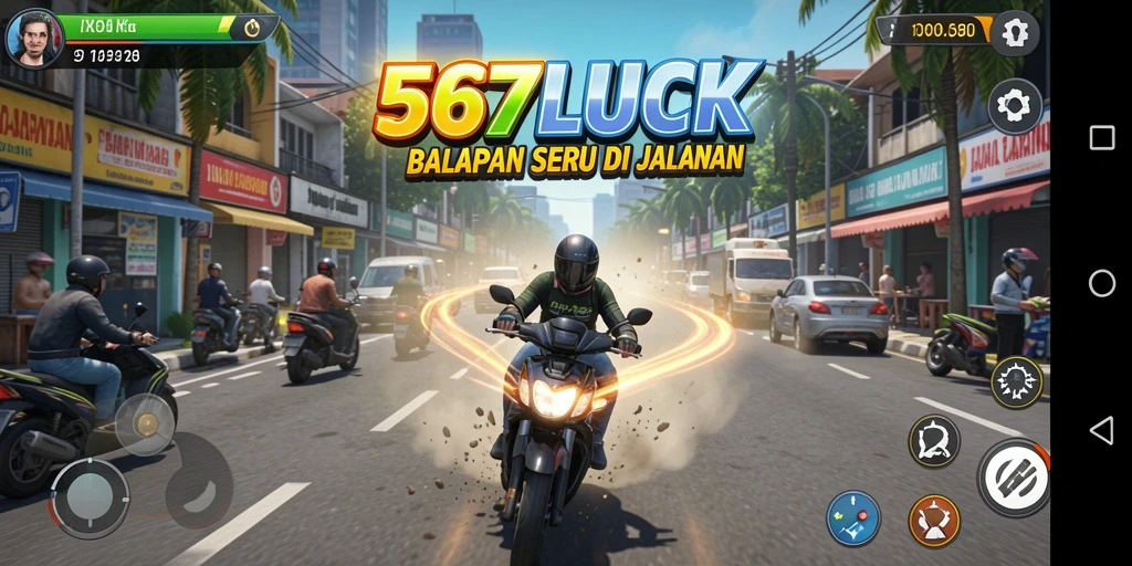 Screenshot gameplay 567LUCK dengan mobil balap di lintasan urban.