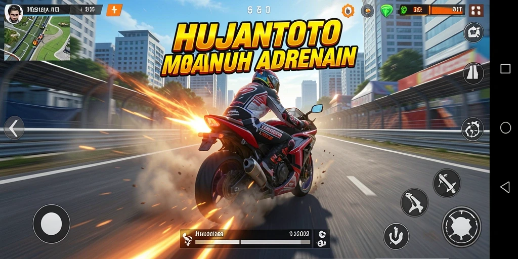 Screenshot gameplay <strong>HUJANTOTO</strong> yang menampilkan balapan motor mendebarkan.