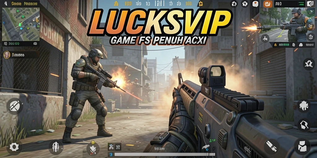 Tangkapan layar utama LUCKSVIP menunjukkan aksi menembak yang mendebarkan.