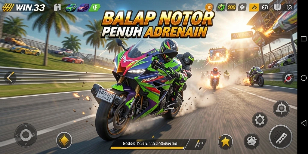 Tampilan gameplay seru dari <strong>WIN33</strong> saat balapan motor di trek menantang.