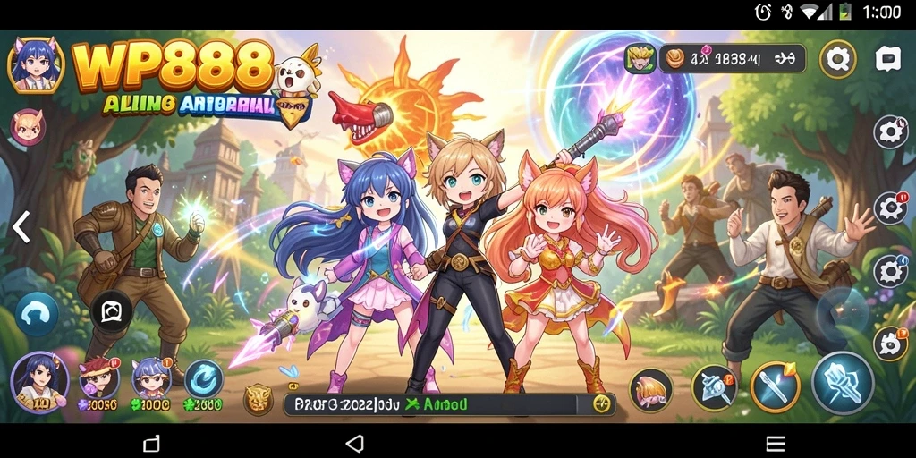 Tangkapan layar gameplay WP888 yang menampilkan aksi karakter anime.